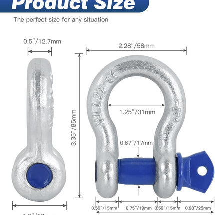 4 Pack 1/2 in. D Ring Shackles with 9/16 in. Screw Pins