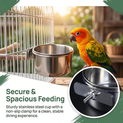 4-Piece Stainless Steel Bird Food & Water Bowls with Clamp Holders