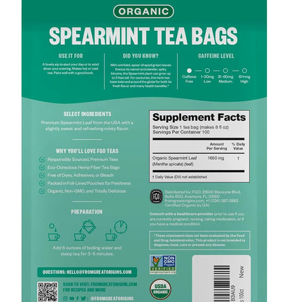 Organic Spearmint Leaf Herbal Tea Bags, 100 Count