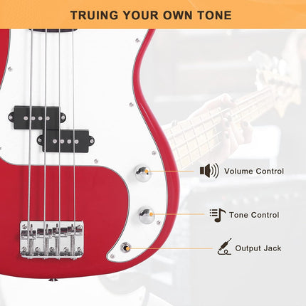 Full Size 4 String Electric Bass Guitar, Red Fire Style