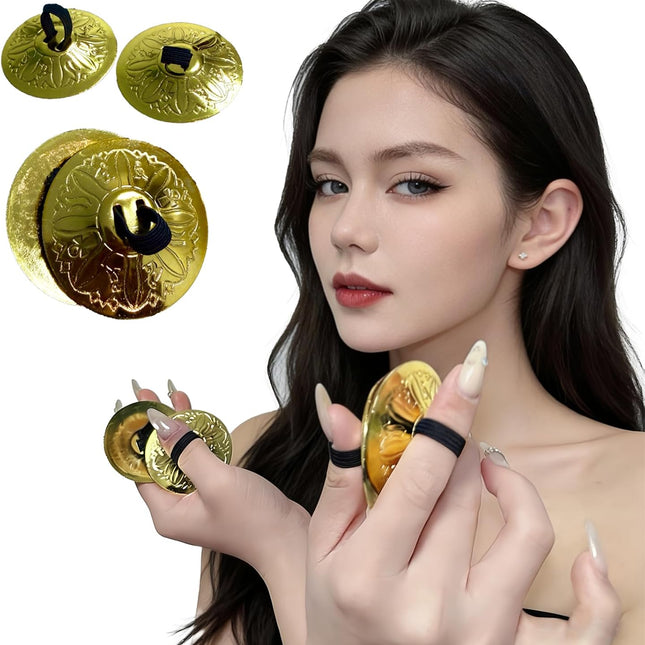 2 Pairs Engraved Heavy Brass Belly Dance Finger Cymbals (Gold)
