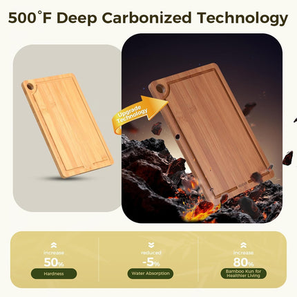 Bamboo Cutting Board for Kitchen – 3-Piece Wooden Boards with Juice Grooves, Side Handles, Non-Slip Mats