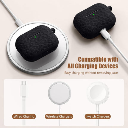 Leopard Engraved Soft Silicone Earbud Case Cover with Keychain and Cleaning Kit, Black