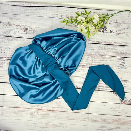 SourceToHome FuenteACasa Jumbo Charmeuse Satin Bonnet – Premium Peacock Blue Double Layer Silk — Home & Lifestyle