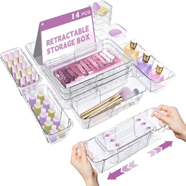 14-Piece Clear Adjustable Drawer Organizer Set