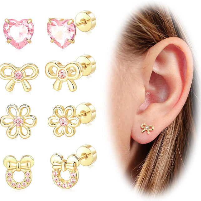 Hypoallergenic Gold Stud Earrings Set with Screw Flat Backs