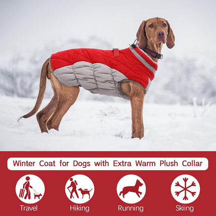 Waterproof Red Dog Winter Coat with Built-In Harness, Medium