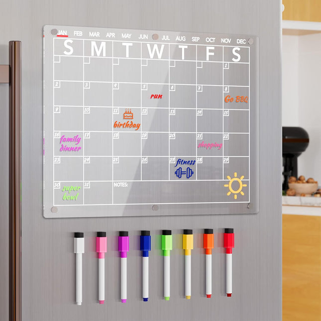 Acrylic Magnetic Dry Erase Fridge Calendar, Clear Monthly Planner Whiteboard, 15 x 11 in, with 8 Color Markers