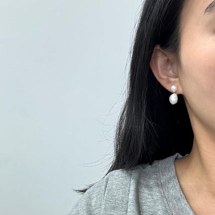 Freshwater Cultured White Baroque Pearl Dangling Drop Earrings for Women, 14K Gold Plated