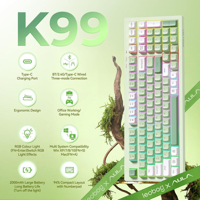 Green Tri-Mode Wireless Gaming Keyboard with Number Pad