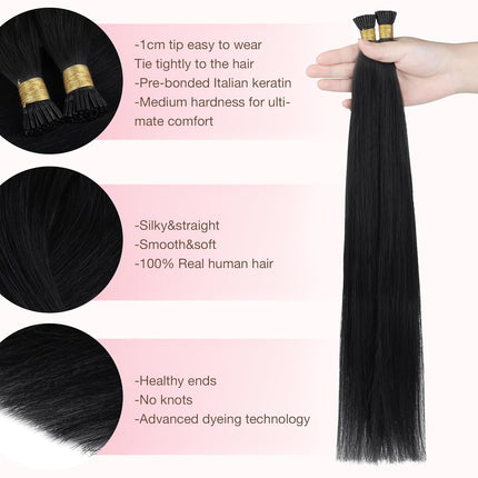I Tip Real Human Hair Extensions, 24 Inch 50g 50S, Jet Black