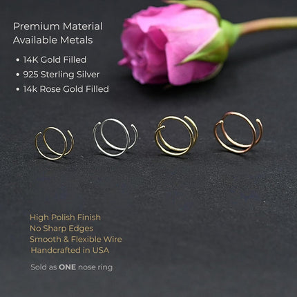 14k Gold Filled 20G Double Hoop Nose Ring, 8mm Spiral