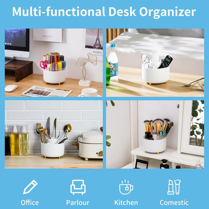 White 360-Degree Rotating Desk Organizer with 5 Compartments