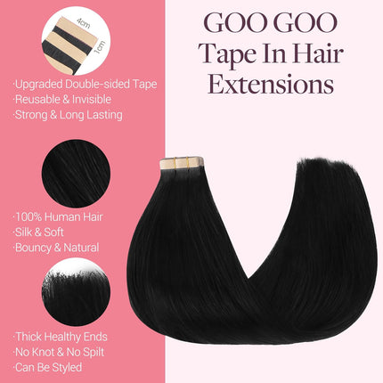 Jet Black Tape-In Human Hair Extensions, 20 Inch, 50g, 20 Pieces