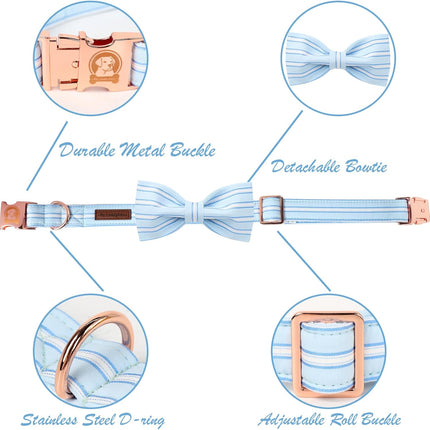 Blue Adjustable Dog Collar with Bowtie and Metal Buckle