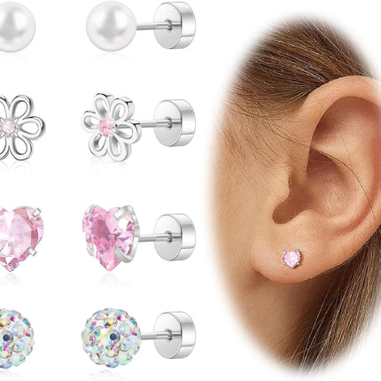 Hypoallergenic Surgical Steel Screw Flat Back Stud Earrings, Cute Mixed Silver