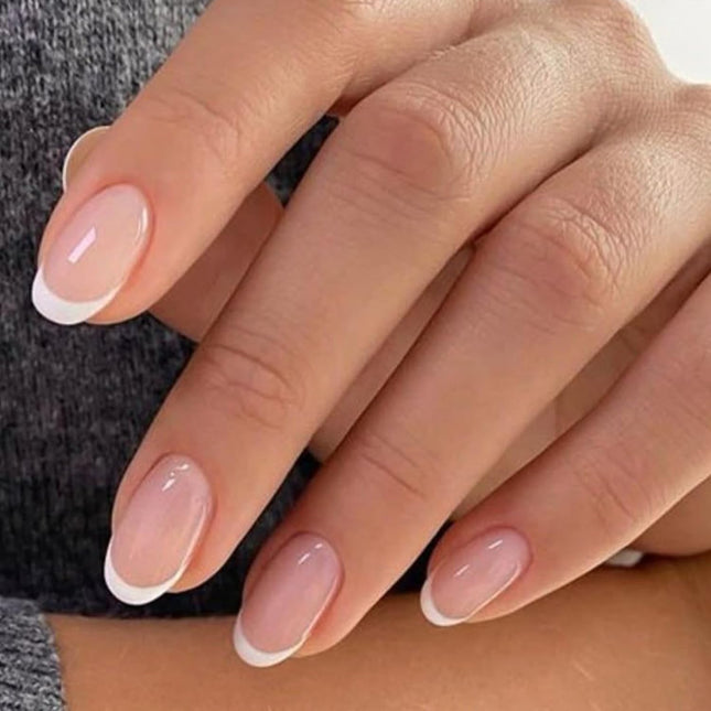 French Tip Short Oval Press-On Nails Set, Nude, 32 Pieces