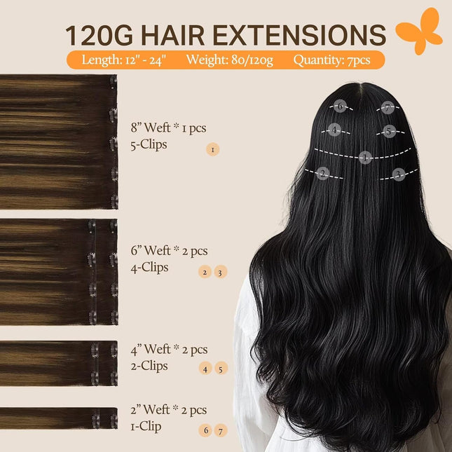 Balayage Dark Brown to Chestnut Brown Clip-In Human Hair Extensions, 18 Inch