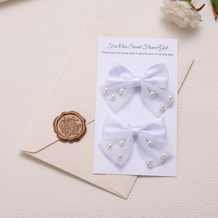 Flower Girl Pearl Lace Bow Toddler Hair Clips, 2 Pack