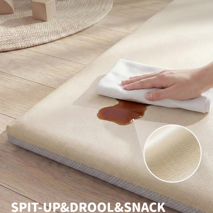 Joypony Baby Play Mat for Floor 50x50, 1.5” Thick Vegan Leather Crawling Mat with Removable Cover, Waterproof Playpen Mat for Infants and Toddlers, Wipe-Clean Kids Playmat, Cream