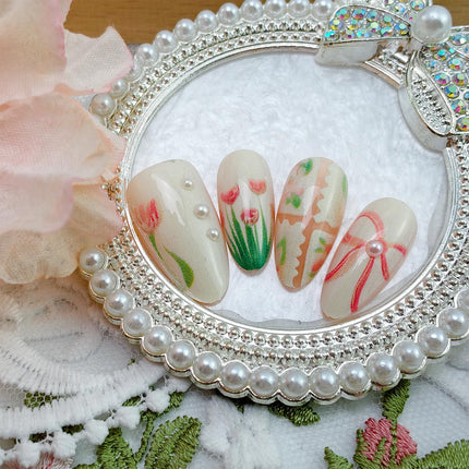 30-Piece Spring Medium Almond Press-On Nails with Flower and Strawberry Design