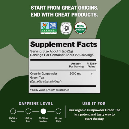 Organic Gunpowder Green Tea Loose Leaf, 453g Resealable Bulk Bag