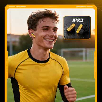 Yellow Wireless Gaming Earbuds with LED Open Mech Case