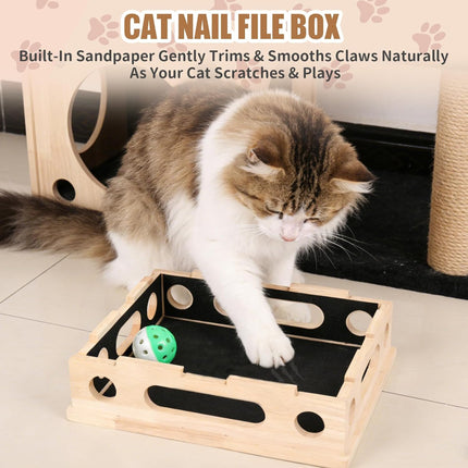 PawHaven RefugioPata Cat Scratch Puzzle Enrichment Box, Smooth Solid Wood Cat Nail File — Pet Supplies