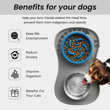 3-in-1 Stainless Steel Slow Feeder Dog Bowl Set