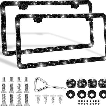 Black Rhinestone Stainless Steel License Plate Frames, 2 Pack
