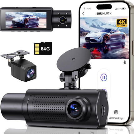 4K UHD 3-Channel Front, Rear & Inside Dash Cam with 64G SD Card