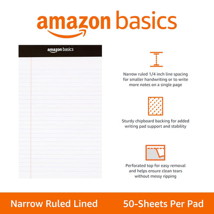 Narrow Ruled Lined Writing Note Pads, 5 x 8 Inch, White, 12-Pack