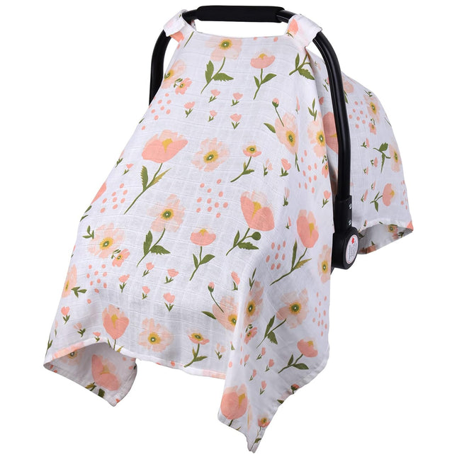 Pink Floral Muslin Car Seat Cover for Babies