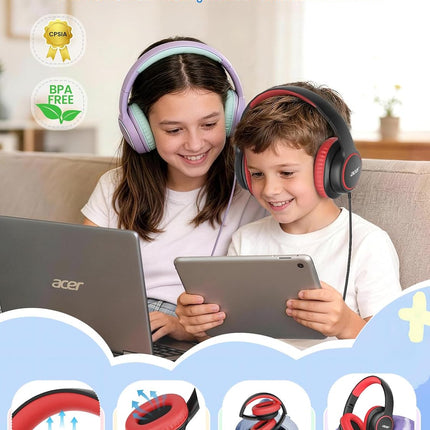 Kids Wired Over-Ear Headphones for School - Black Red