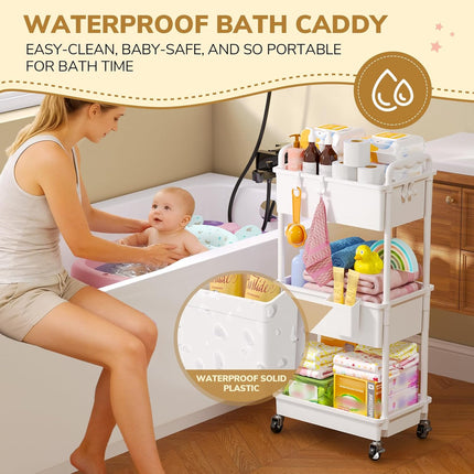3-Tier White Rolling Diaper Cart with Lockable Wheels
