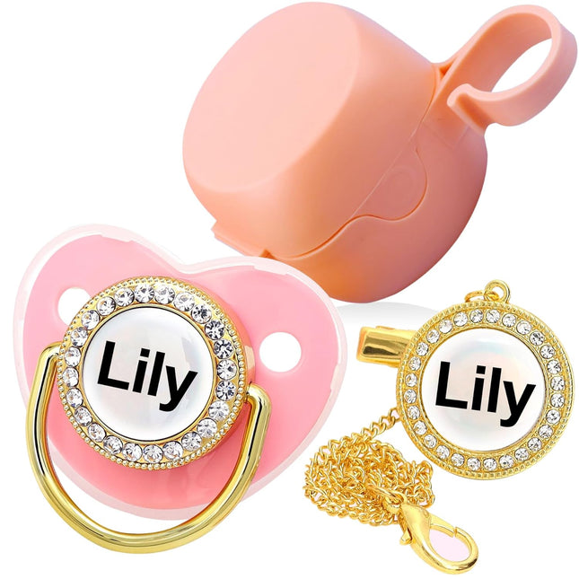 LittleNest NidoPequeño Pacifier with Name, Bling Gold Pacifier Clip Set Storage Box — Baby & Toddler