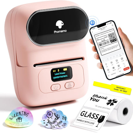 Phomemo Label Printer - M110 Thermal Label Printer Barcode Label Maker Mini Bluetooth Sticker Printer for Small Business, Home, Office, Logo, Address, Name Tag, Clothing, Organizing, Pink