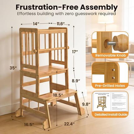 Kids Bamboo Kitchen Step Stool with Safety Rails & Anti-Slip Feet
