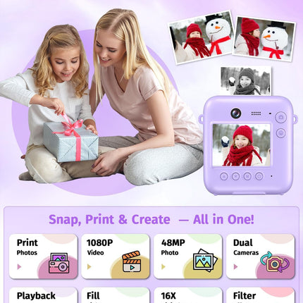 Purple Dual-Lens Kids Instant Print Camera with 1080P Digital Camera and 32GB Card