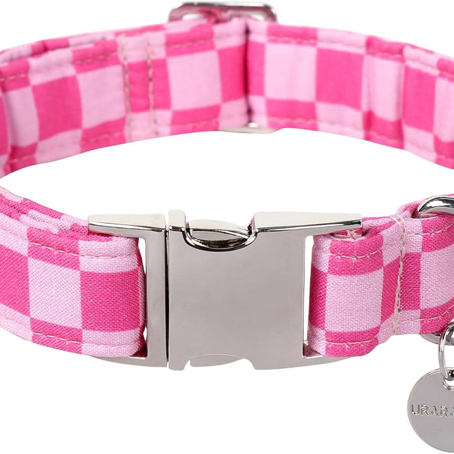 Cute Pink Plaid Cotton Dog Collar with Adjustable Metal Buckle