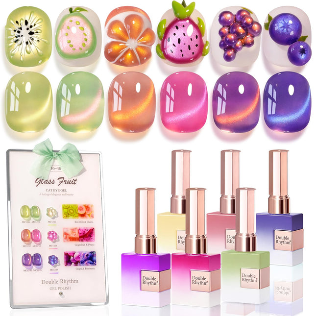 Glass Rose Pink Green Cat Eye Gel Nail Polish Set, 6 Pack