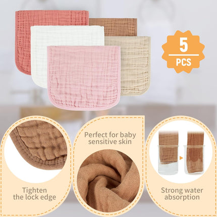 100% Cotton Newborn Muslin Baby Burp Cloths, 10 x 20 Inches, 5 Pack, Pink & Coffee