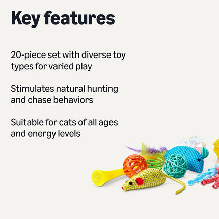 Cat Toy Set, 20-Piece Variety Pack with Teaser, Ball, Feather, and Spring