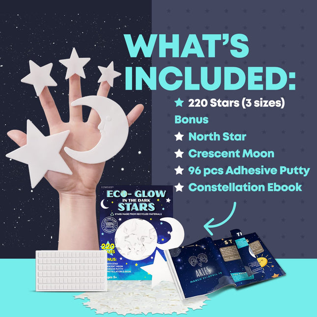 Glow in the Dark Ceiling Stars for Kids Room – 220-Piece Set
