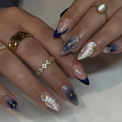24-Piece Ombre Blue Medium Almond Press-On Nails with Rhinestones and Gold Star Charms