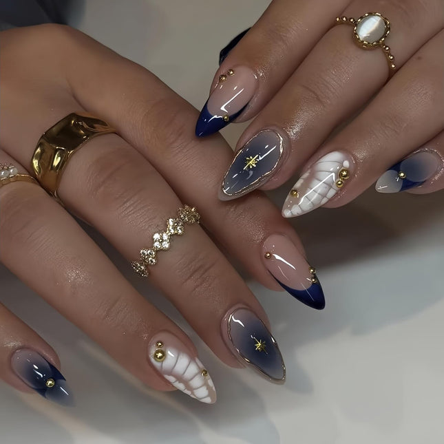 24-Piece Ombre Blue Medium Almond Press-On Nails with Rhinestones and Gold Star Charms