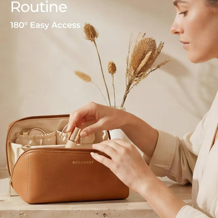 Large Wide-Open PU Leather Travel Makeup Bag in Classic Brown