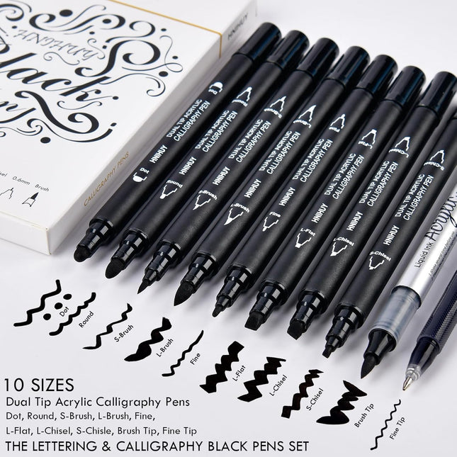 Dual Tip Black Acrylic Calligraphy Pens, 10 Sizes