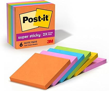 Post-it Super Sticky Notes 3x3 Assorted Vivid Colors 6 Pads