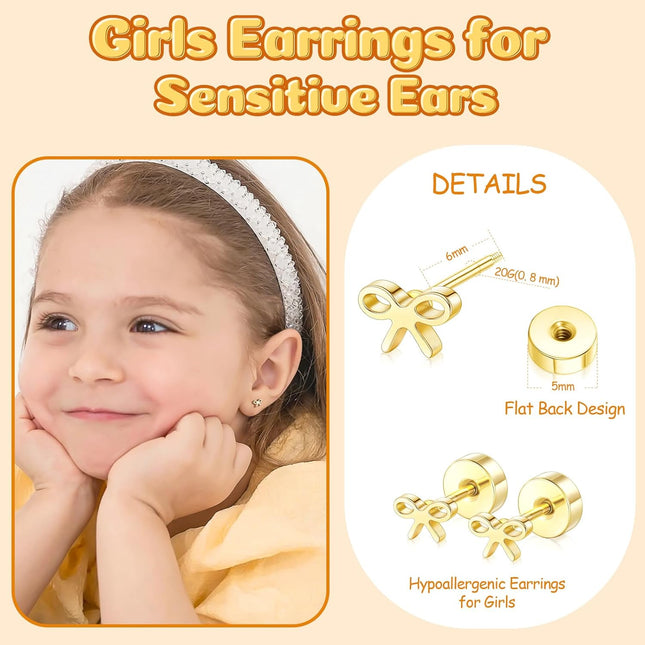 Gold-Tone Hypoallergenic Screw Back Stud Earrings Set for Toddlers, Kids, and Women